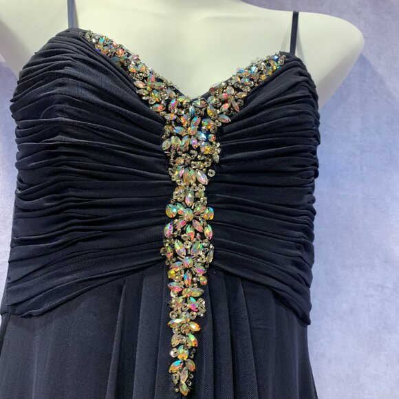 Navy Spaghetti Strap Gown with Crystal Beaded Bodice - Picture 4 of 9